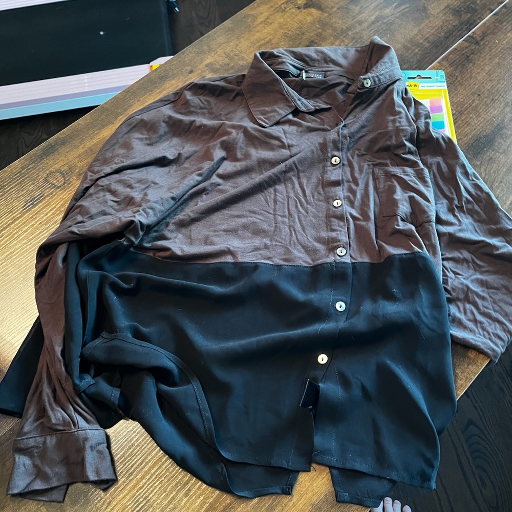 Button Down ¾ Length Black & Brown Shirt